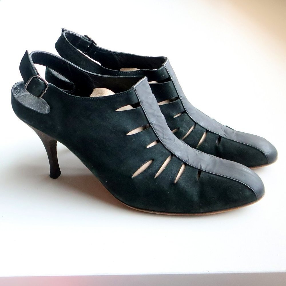 LD Tuttle Dark Green Suede Leather Slingback Heels Pumps Sandals Italian Shoes